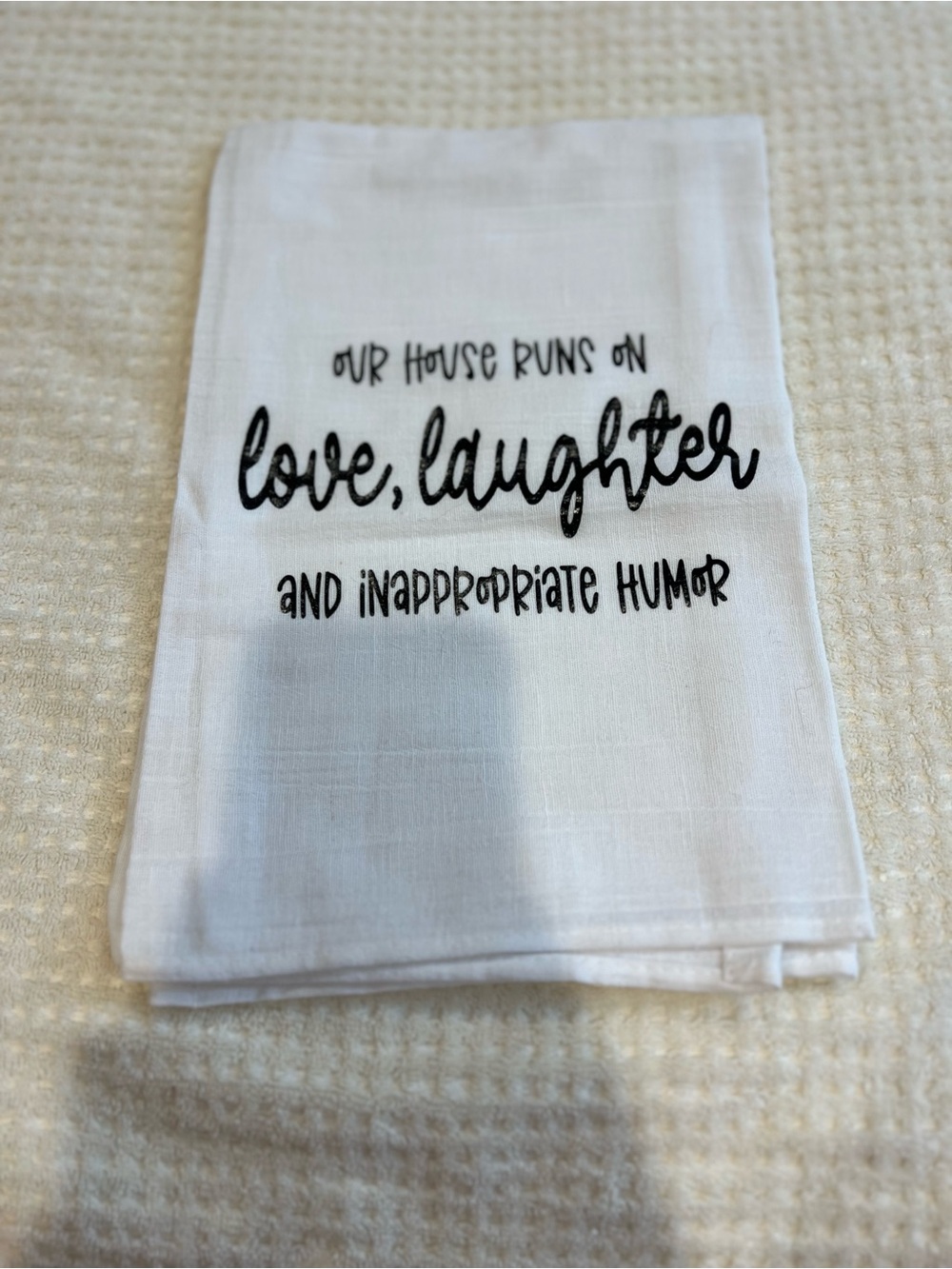 White Printed Kitchen Towel - Love, Laughter Design